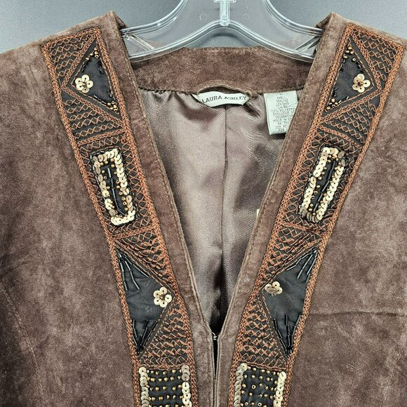 Laura Ashley Nubuck Leather Blazer Jacket L Brown Beaded Sequin Embroidered New - Picture 4 of 13